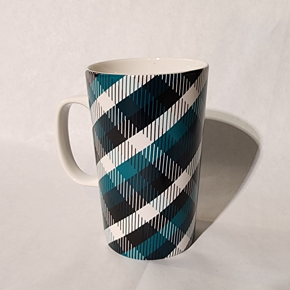 2015 Starbucks Coffee Mug 16 Oz Cup Teal Blue Green Black Plaid - Picture 2 of 4